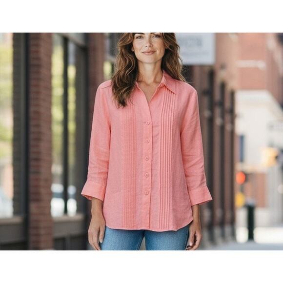 Kim Rogers 100% Linen Blouse Tunic Top Coral LG Petite Button Down Long Sleeves - Picture 1 of 9